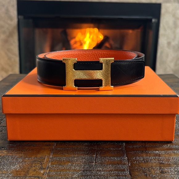 Accessories - Hermes Black and Orange Leather Belt. Classic H Gold Buckle.